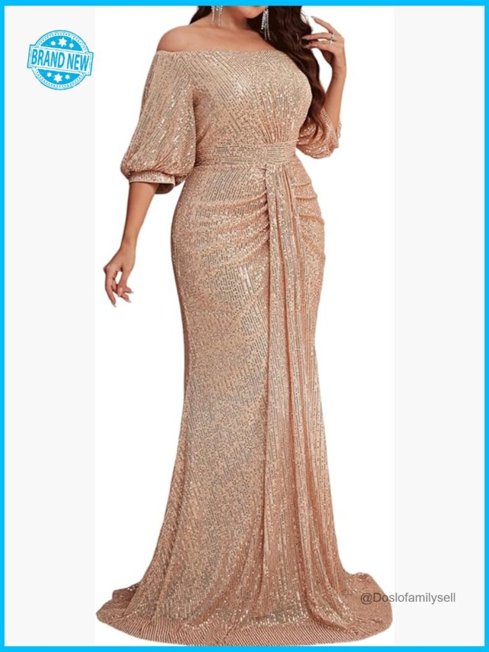 Plus Size Off Shoulder Sequin Formal Party Dress Bubble Lantern Sleeves Elegant
